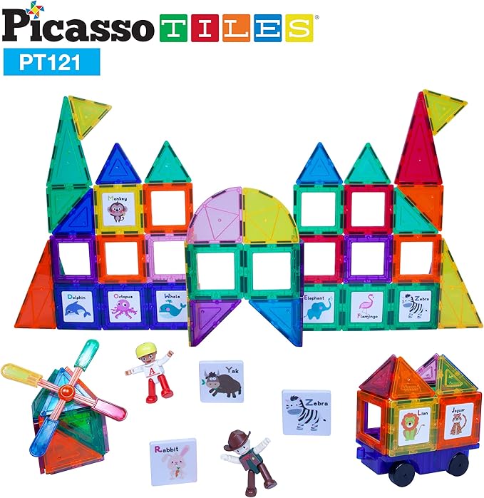 PicassoTiles 121 pc Master Builder Magnetic Building Block Construction Set Magnet Tiles Blocks with Car Truck, 2 Character Action Figures, 28 Educational Alphabet Animal and Number Graphics, Windmill