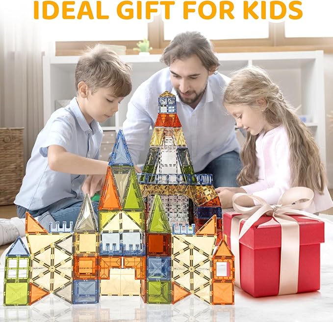 120 PCS Magnetic Tiles, Diamond Magnet Tiles with 2 Cars Magnetic Blocks STEM Toys 3D Kids Preschool Educational Sensory Toys Gift for Toddlers Kids Boys Ages 3 4 5 6 7 8 9+ Year Old