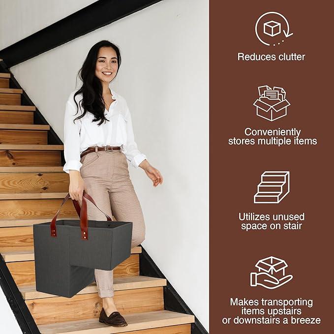 SAM AND MABEL Stair Baskets for Carpeted Stairs and Wooden Stairs – 16”L x 9.5”W x 16”H Staircase Basket with Handles, Foldable Stairway Storage Organizer for Home and Office Decor (Elegant Black)