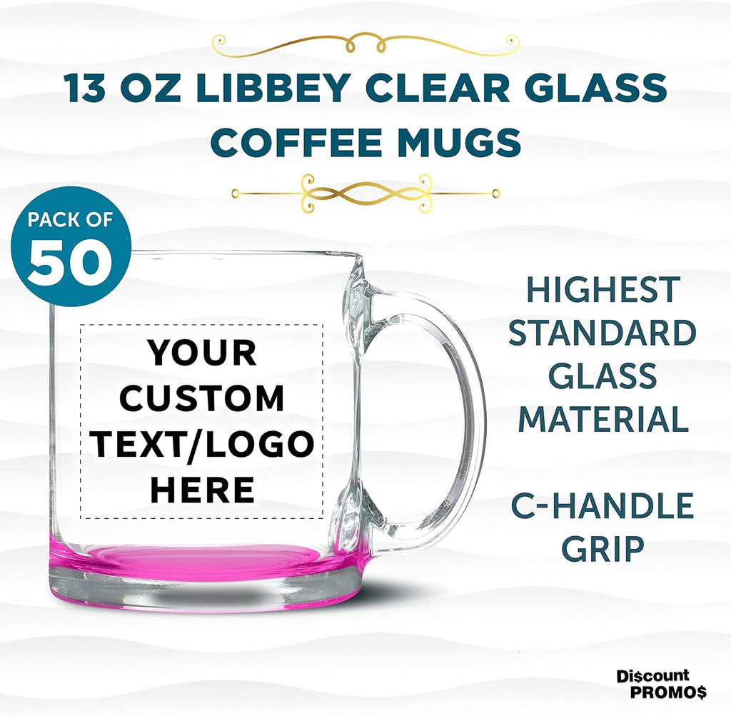 Custom Libbey Clear Glass Coffee Mugs 13 oz. Set of 50, Personalized Bulk Pack - Perfect for Coffee, Tea, Espresso, Hot Cocoa, Other Beverages - Pink Bottom