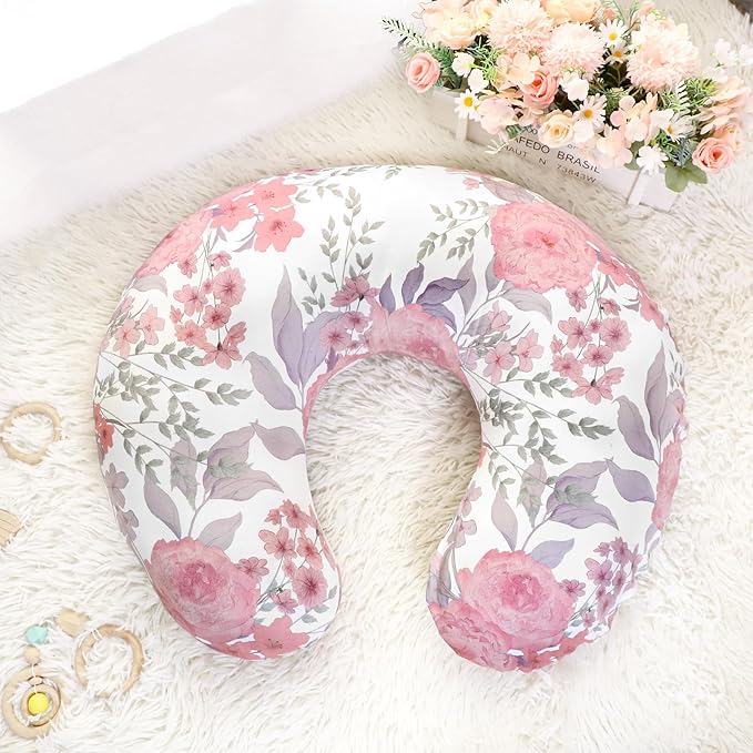 Nursing Pillow Cover, Breastfeeding Pillow Cover Stretchy Removable Feeding Pillowcase for Newborn, Ultra Soft and Comfortable Nursing Pillow Slipcover for Baby Girls Boys, Pink Floral