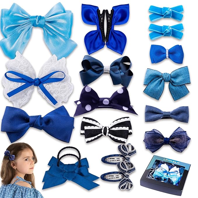 18pcs Blue Hair Bows for Girls,Toddlers,Teens,Women.Fully Lined Alligator Hair Clips,Cute Hair Ties,Non-slip Snap Hairpins,Handmade Hair Accessories Gift Set