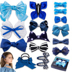 18pcs Blue Hair Bows for Girls,Toddlers,Teens,Women.Fully Lined Alligator Hair Clips,Cute Hair Ties,Non-slip Snap Hairpins,Handmade Hair Accessories Gift Set
