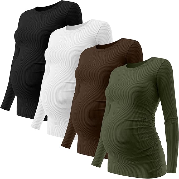 Ficerd 4 Pack Women's Maternity Shirts Cotton Long Sleeve Ribbed Crew Neck Pregnancy Tops Side Ruched Casual Mama Clothes