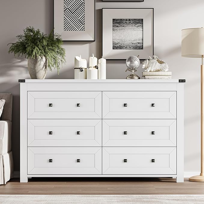 6-Drawer Dresser, Modern Wooden Storage Chest of Drawers, Dresser TV Stand, Wood Drawer Organizer with Metal Handles for Bedroom, Living Room, Hallway
