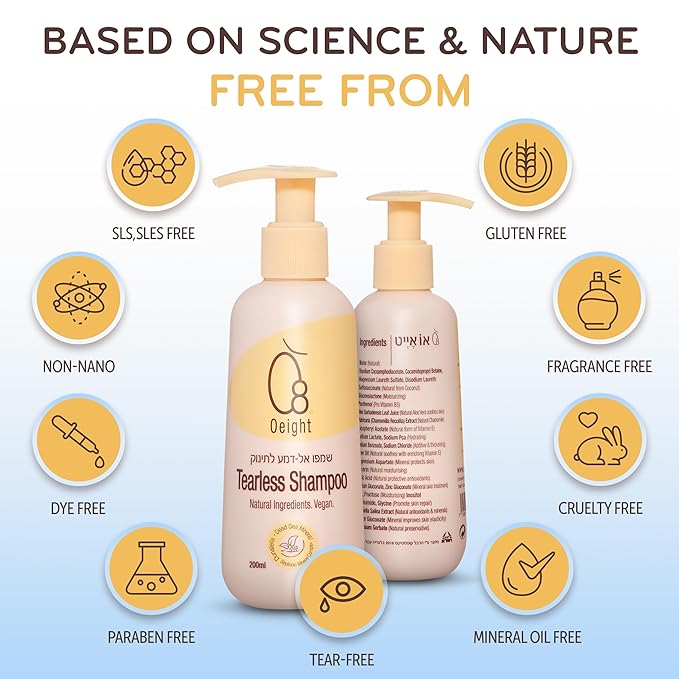 Oeight Tearless Baby Shampoo, Hypoallergenic & Dermatologically Tested Baby Shampoo, 100% Natural Active Ingredients with Chamomile, Parabens & SLS Free, Fragrance Free, for Sensitive Scalp, 200 ml