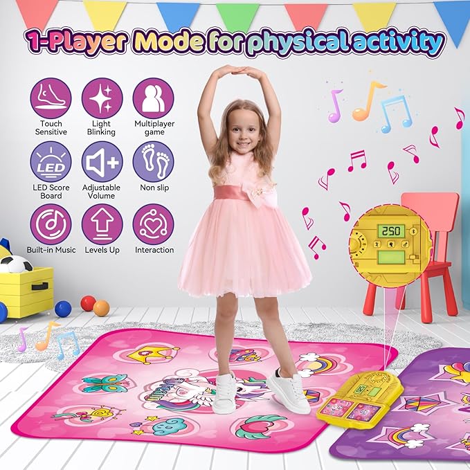 VATOS Double Dance Mat for Girls - 4 Game Modes & 9 Challenge Levels with Adjustable Volume, Led Light & Wireless Bluetooth | Music Play Mat Birthday Gifts Toys for Kids Ages 3 4 5 6 7 8 9+ Years Olds