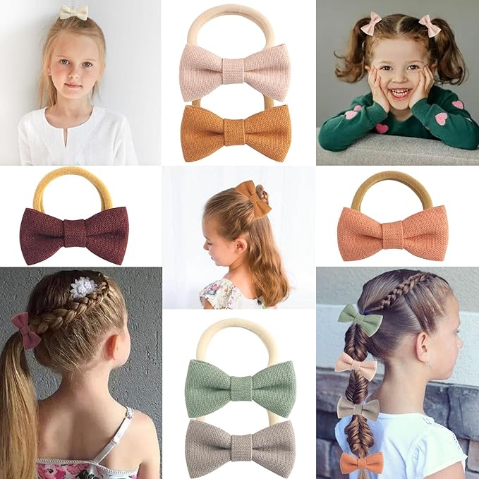 24-Pack Multicolor Linen Bow Hair Ties for Toddler & Infant Girls - Gentle No-Damage Elastic Ponytail Holders