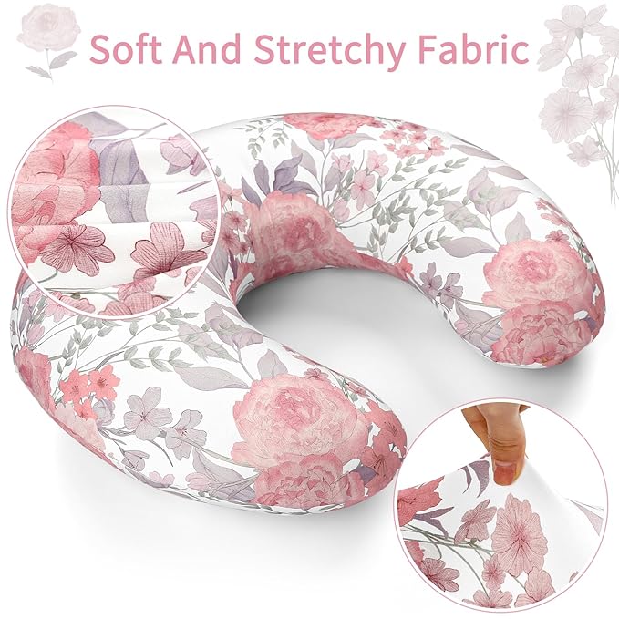 Nursing Pillow Cover, Breastfeeding Pillow Cover Stretchy Removable Feeding Pillowcase for Newborn, Ultra Soft and Comfortable Nursing Pillow Slipcover for Baby Girls Boys, Pink Floral