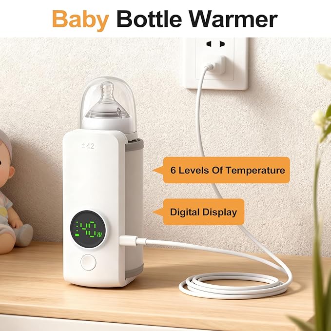Portable Bottle Warmer, Equipped with a 6000 mAh Battery, Suitable for Dreastfeeding and Formula Feeding, Suitable for Travel Bottle Warmer, with a Digital Display