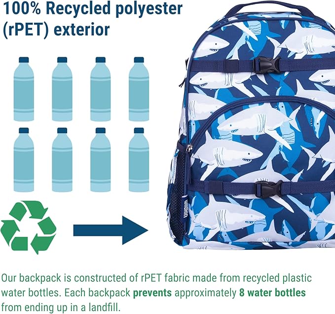 Wildkin ECO rPET 17-inch Large Backpack – Sustainable, Padded, Adjustable – Sharks