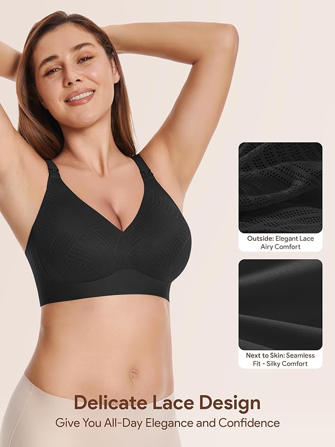 Angelhood Nursing Bras for Breastfeeding, Seamless Wireless Comfort Push up Lace Nursing Maternity Bralette for Pregnancy