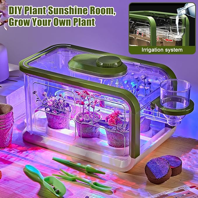 Kids Plant Growing Kit, Kids Gardening Greenhouse Growing Kit with Drip Irrigation and Grow Lights, Science STEM Toys Terrarium Kit for Boys Girls 3 4 5 6 7 8 Year Old,Kids Flower Growing Kit