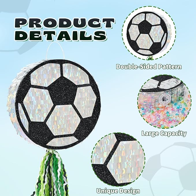 WERNNSAI Soccer Ball Piñata-Soccer Party decoration Piñata with Blindfold Bat for Kids Sports Themed Birthday Party Supplies Mirror Roller Skating Pull String