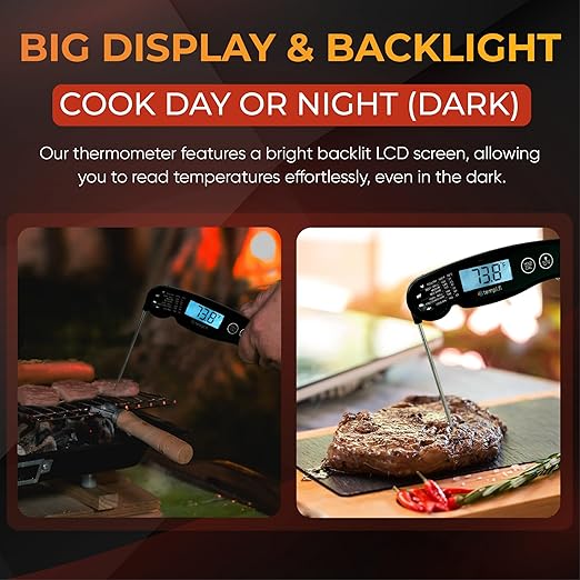 Instant Read Thermometer | Ultra-Fast & Waterproof | Bright Backlight & Food Grade Probe | Auto Shut-Off | Includes Meat Temperature Chart | Perfect for Kitchen & Grilling