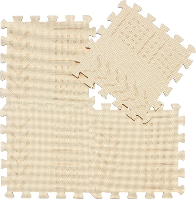 qqpp EVA 18 Tiles Baby Play Mat for Playing, Interlocking Foam Floor Mats for Tummy Time & Crawling, Puzzle Flooring Tiles with Laser Pattern for Kids. Beige. QL-91(J) b18N
