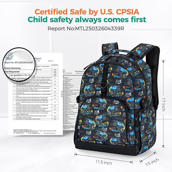 Choco Mocha Truck Backpack for Boys, Kindergarten Backpacks for Boys Backpack Ages 6-8, Boy Elementary School Bookbag 17 Inch, Black