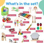 Stoie's Wooden Kids Musical Instruments for 1-5 Years Old, Baby Percussion Toys with Xylophone, Maracas, Tambourine, Durable, Safe to Play, Clear Loud Sound, Bright Rainbow Colors, Storage Backpack