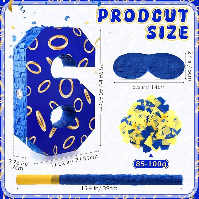 Number 6 Blue and Golden Rings Piñata for Kids Birthday Cartoon Theme Small Piñata with Blindfold Stick Confetti for Fiesta Cinco De Mayo Party Decor, 15.8 x 11 x 2.8 Inch