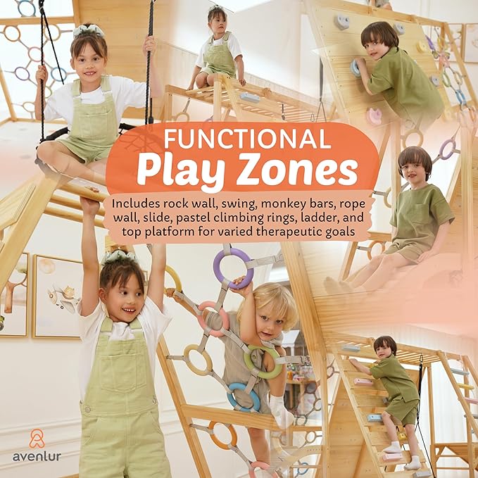 Avenlur Sweetgum Indoor Wooden Playset, 8-in-1 Climber with Rock Wall, Slide, Monkey Bars, Swing, Ages 2-6 Years