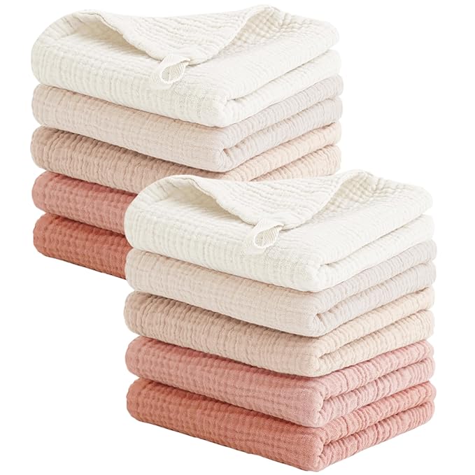 Konssy 10-Pack Muslin Baby Washcloths,100% Cotton Baby Wash Cloths for Newborn Kids Girls & Boys, Soft & Absorbent Washcloths