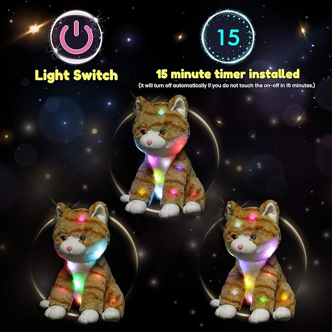 Hopearl LED Plush Kitty Lighting Up Stuffed Animal Cat Floppy Kitten Night Lights Glow in The Dark Birthday Festival for Kids Toddler Girls, Orange, 12.5''