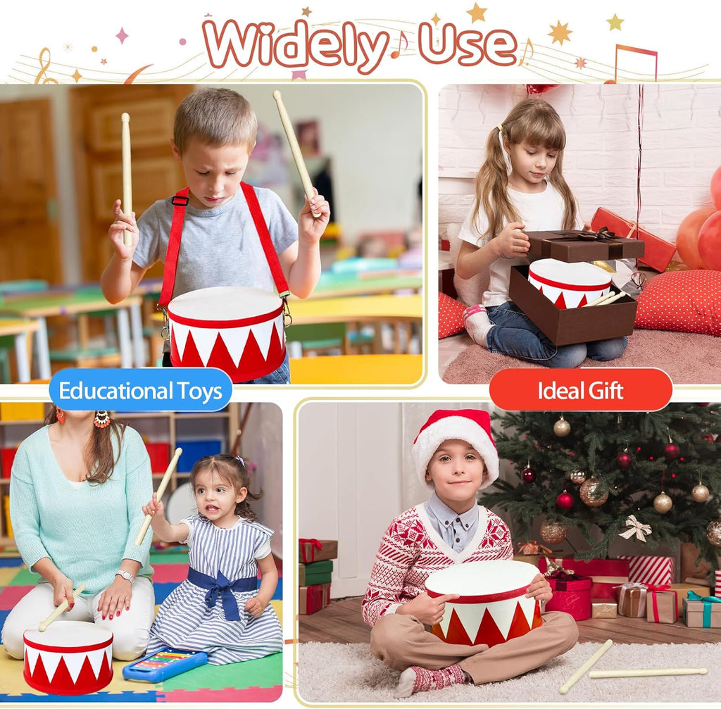 Kids Drum Set,8 in Wooden Toy Drum Set,Educational Baby Musical Toys Drum with Adjustable Strap 2 Drumsticks,Sensory Musical Instrument Drum Toy for Toddler Boys & Girls Gift(Red)