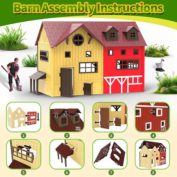 Barn Farm Animal Toys for Kids,Tractor Trailer with Lights & Sound, Farm Barn Playset Horse Stable,Farm Accessories, Pig,Sheep,Goose Duck Birthday Gifts for Kids Toddlers Boy Girl 3-7 Years Old