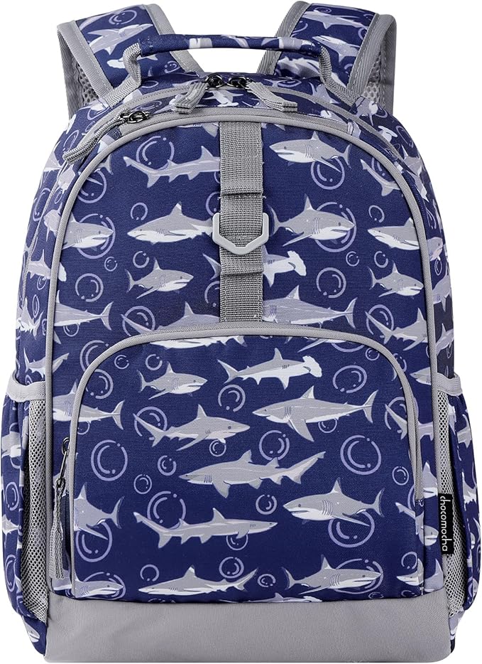 Choco Mocha Shark Backpack for Boys, Elementary School Backpack for Boys Ages 6-8 Kids Kindergarten Backpack Bookbag 17 Inch with Chest Strap, Blue