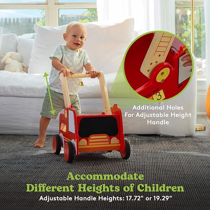 Wooden Baby Walker with Wheels - Baby Walkers for Boys Fire Truck Walker Baby - Walker for Baby Boy with Rigged Handles - Adjustable Height and Chalkboard on Wooden Activity Walker