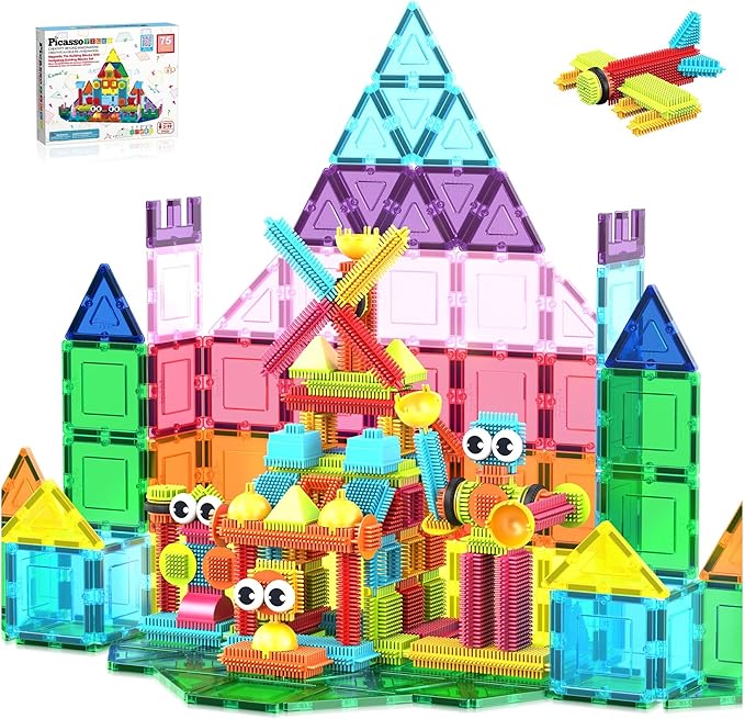 PicassoTiles Magnetic Tiles & Hedgehog 2-in1 Interlocking Brush Connector Magnet Building Blocks Construction Set Learning Playset STEM Toys Development Preschool Education Toy Toddler Age 3 Up PTE21