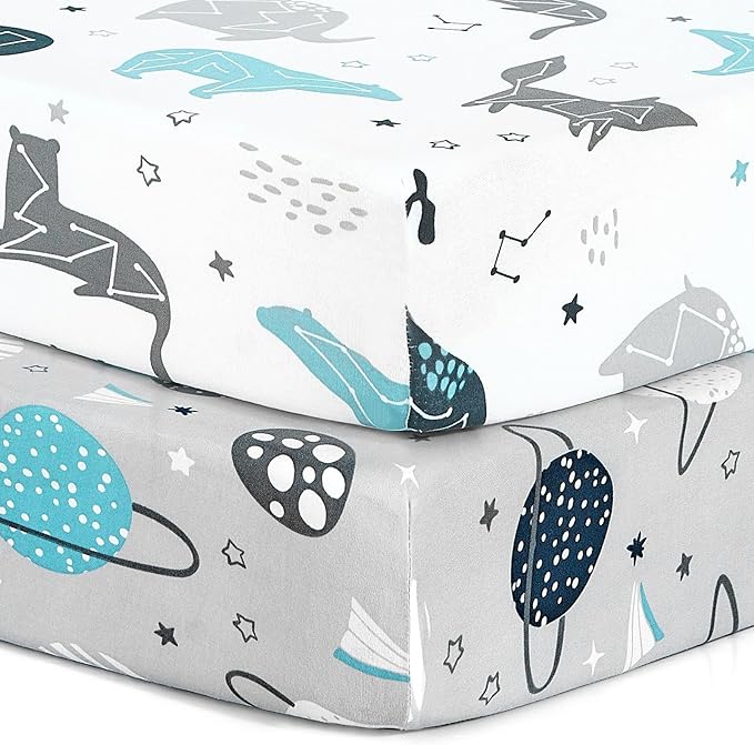Pack n Play Stretchy Fitted Playard Sheet Set BROLEX 2 Pack Portable Mini Crib Sheets,Convertible Playard Mattress Cover,Ultra Soft Material，Space Planet
