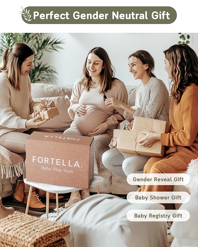 Fortella Baby Play Gym & Activity Mat, Tummy Time Mat w 5 Detachable Toys and Pillow, Large Sensory Playmat for Floor, Newborn Infant Baby Essentials Shower Gift 0-3-6-9-12 Months (Sage Green)