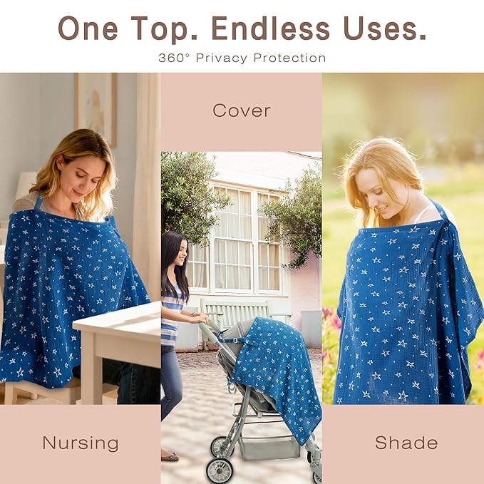 Nursing Cover 100% Cotton Breastfeeding Cover Privacy Muslin Large Full Coverage Baby Nursing Scarf with Gift Box (Blue Starry Sky)