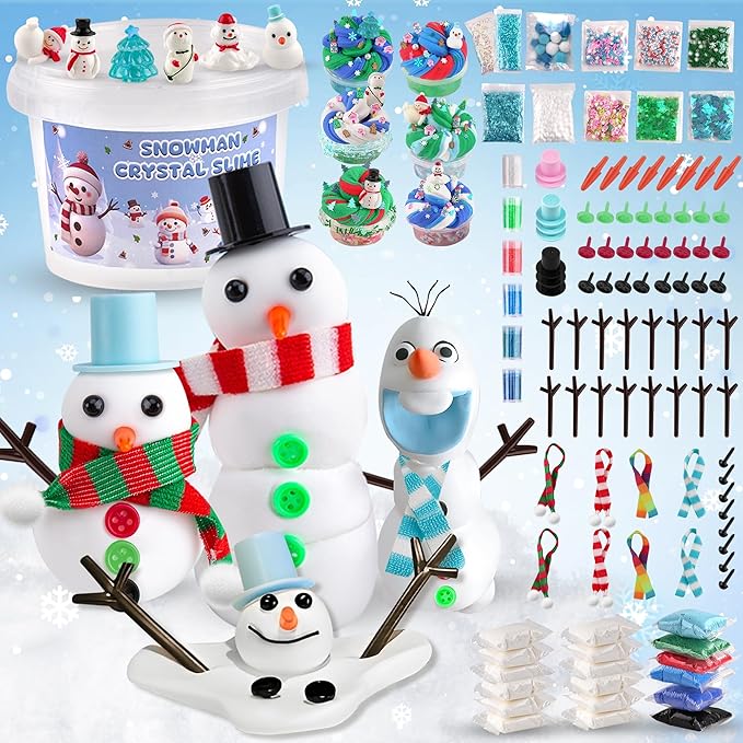 LAWOHO Build a Snowman Kit - 500ML Crystal Slime, Clay & Christmas Charms, Snowman Crafts for Kids, Stocking Stuffers for Adults, Slime Party Favors Kit