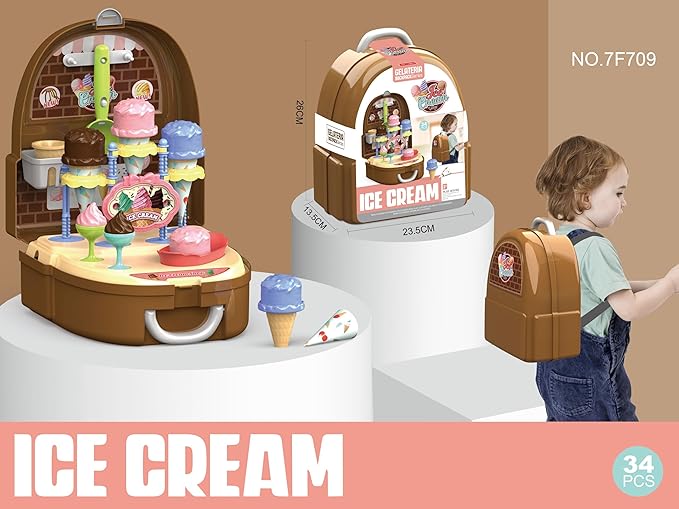 Kids 34-Piece Ice Cream Pretend Playset – Scoop & Serve Dessert Shop Toy with Play Food Accessories, Portable Backpack Storage for Boys & Girls Ages 3+ (Ice Cream)
