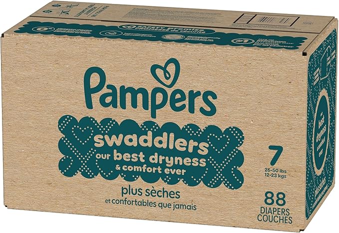 Pampers Swaddlers Diapers, Size 7 (26-50 lbs), 88 Count, Absorbent, Keeps Baby Dry and Comfortable, Skin Safe Disposable Baby Diaper (Packaging May Vary)