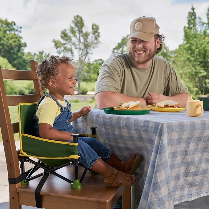 Bright Starts John Deere Pop 'N Sit Portable Booster Chair, Floor Seat, Indoor/Outdoor Use, Compact Fold, Green and Yellow, 6 Mos - 3 Yrs