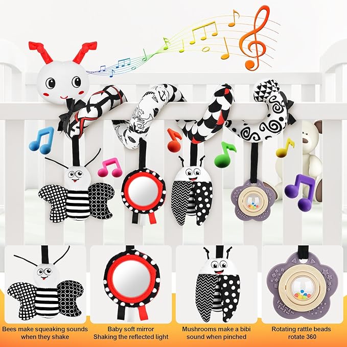 Car Seat Toys for Babies, 0-6 Months Stroller Activity Black White Baby Spiral Plush Toys Newborn High Contrast Sensory Carseat Toys with 4 Pendants Hanging Boys Girls Gift
