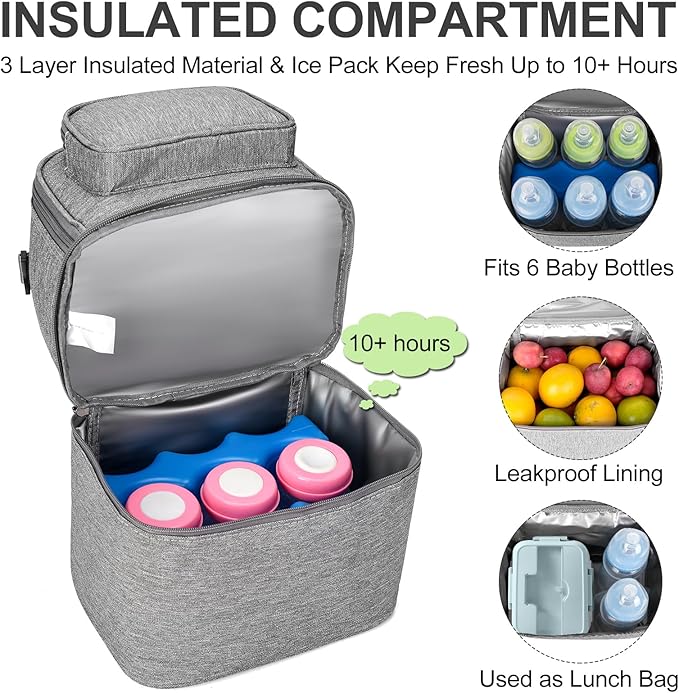 Breastmilk Cooler Bag with Ice Pack, Double Deck Breast Milk Storage for Breastfeeding, Nursing, Daycare, Insulated Lunch Bag with Strap