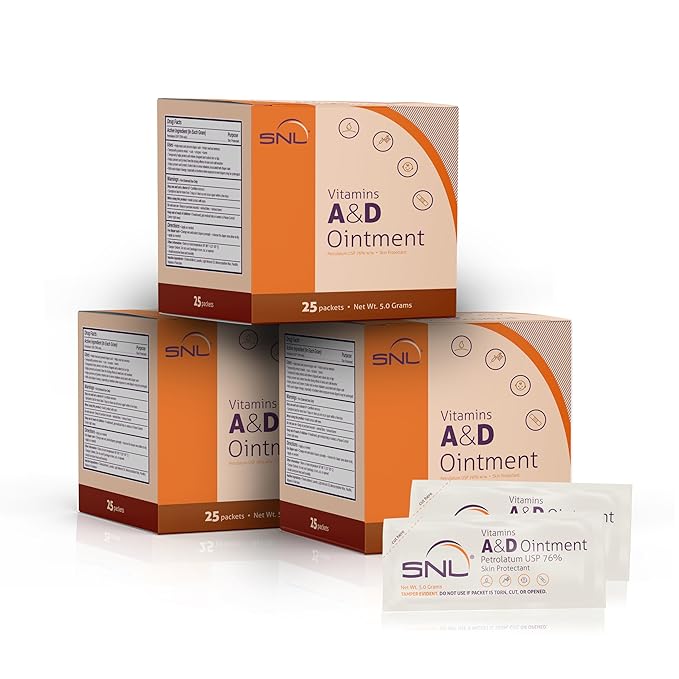 SNL Quality Vitamins A & D Ointment for | Baby Diaper Rash | Burns | Tattoo Aftercare | Skincare - 75 Individual Foil Packets - 5 Grams each - (3 Boxes of 25 Packets)