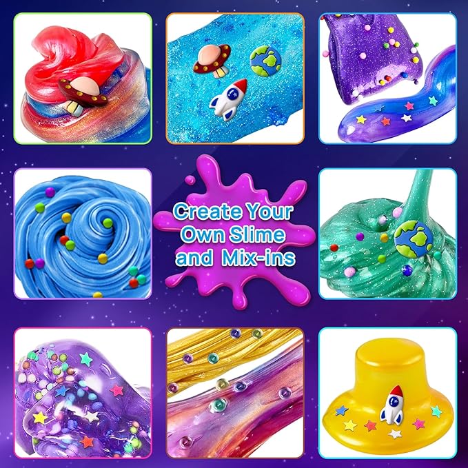 Metallic Slime Kit for Girls, Glimmer Crunchy, Galaxy Slime Making Kit for Girls Boys 6-12, Glow in The Dark DIY Slime Kit with Add-ins, Foam Balls, Charms, Glitters, Party Favors Gift Toys for Kids