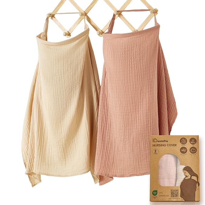 2 Pack Nursing Covers 100% Cotton Breastfeeding Cover Privacy Muslin Full Coverage Nursing Scarf Gift Box (Linen & Dusty Pink)
