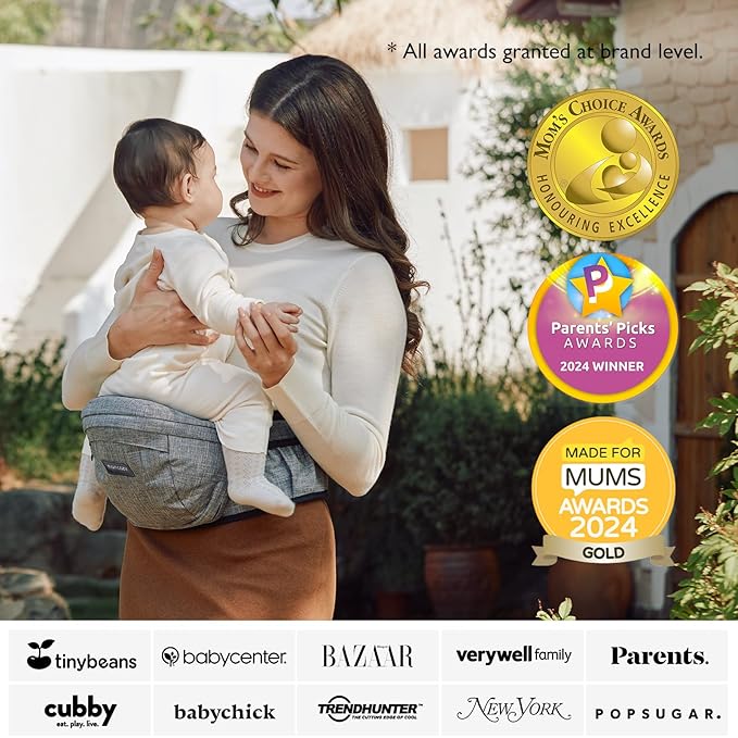 Momcozy Hip Seat Baby Carrier - Adjustable Waistband with Original 3D Belly Protector, Ergonomic Carrier with Various Pockets for Toddlers up to 45lbs (Grey, Medium 27-45IN)