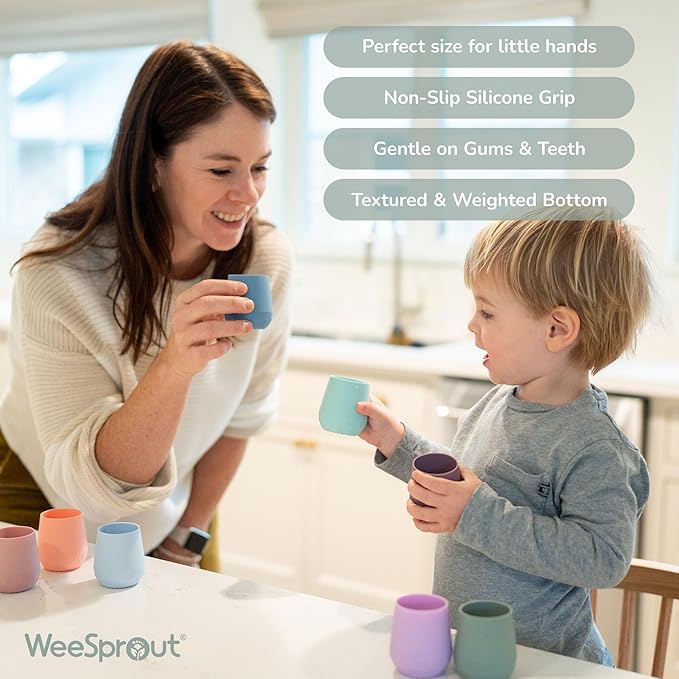 WeeSprout Silicone Baby Training Cups - Set of 2 Soft Silicone Cups - 2 oz Open Cup for Baby 6+ Months - Non-Slip Grip, Weighted Base - Gentle on Gums & Teeth (Matte Pink & Matte Purple)