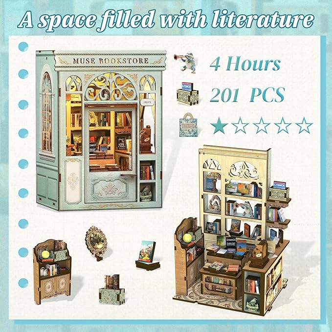 CUTEBEE Book Nook Kit - DIY Miniature House Dollhouse Kit for Adults and Teens, Booknook Tiny House Bookshelf Decor 3D Wooden Puzzle, Gifts for Family, Friends (Muse Bookstore)