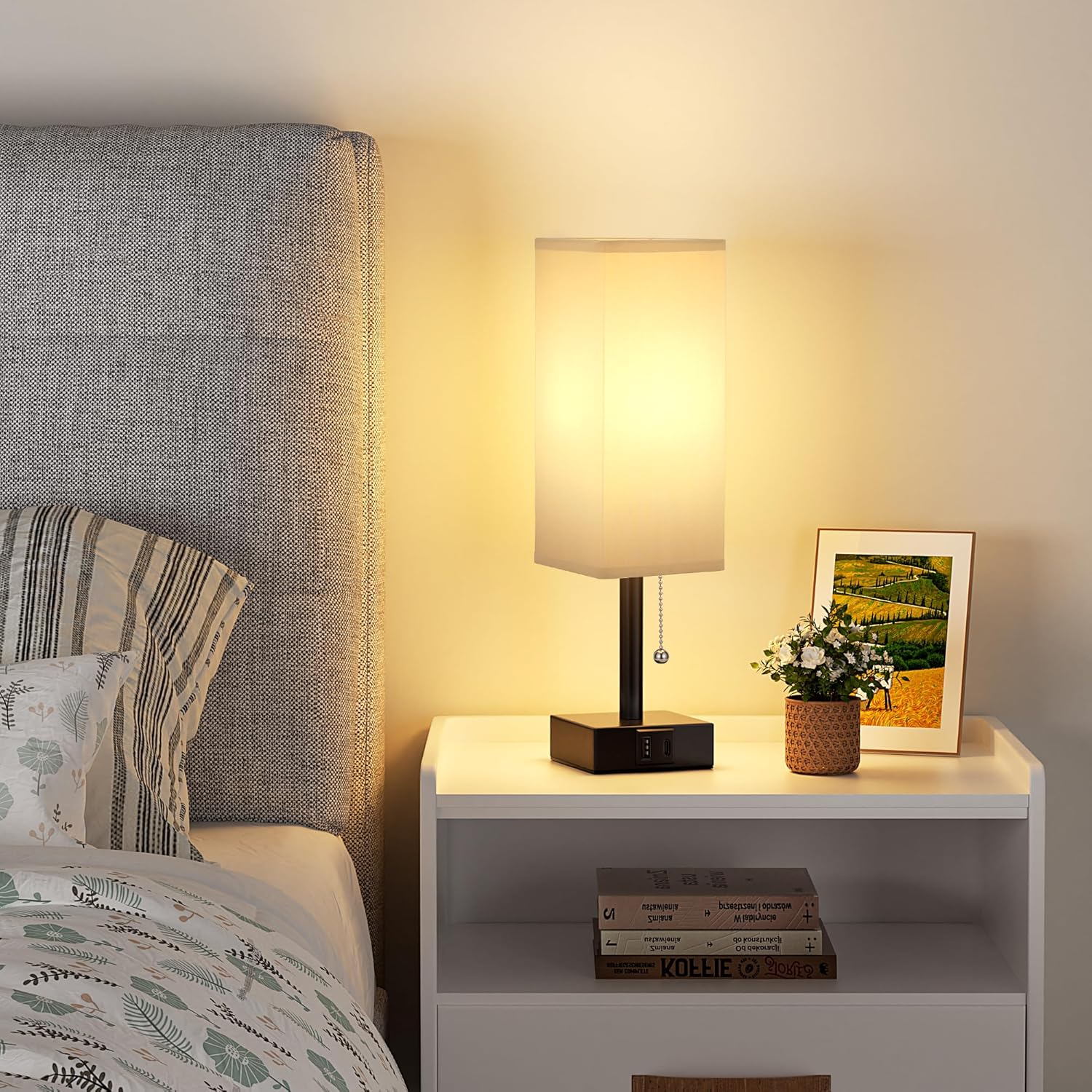 Gray Small Bedroom Lamp - 3 Color Temperature 3000K 5000K 4000K Bedside Lamp, Pull Chain Control, USB A and C Charging Ports, Black Base, for Kids Office Dorm, Bulb Included