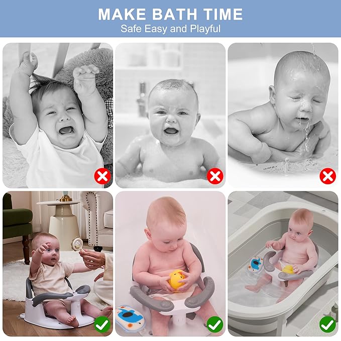 Baby Bath seat for Babies 6 Months & up, 360° Stable Toddler Bath Chair with one-Touch Button, Back Hollow Design, Water Temperature Card & 4 Suction Cups for Safety (Blue)