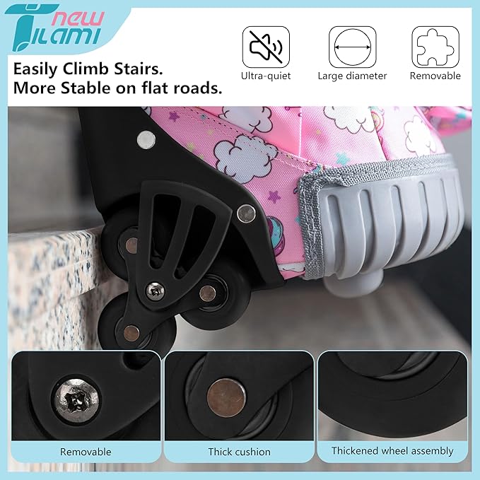 NEW TILAMI 18" Kids Rolling Backpack for School - Waterproof, Durable, Stair-Climbing, Variety of Colors Patterns for Girls & Boys, Cute Pink Unicorn