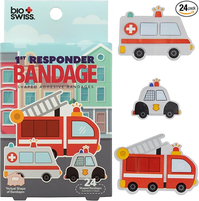 BioSwiss Bandages, First Responders Shaped Self Adhesive Bandage, Latex Free Sterile Wound Care, Fun First Aid Kit Supplies for Kids and Adults, 24 Count